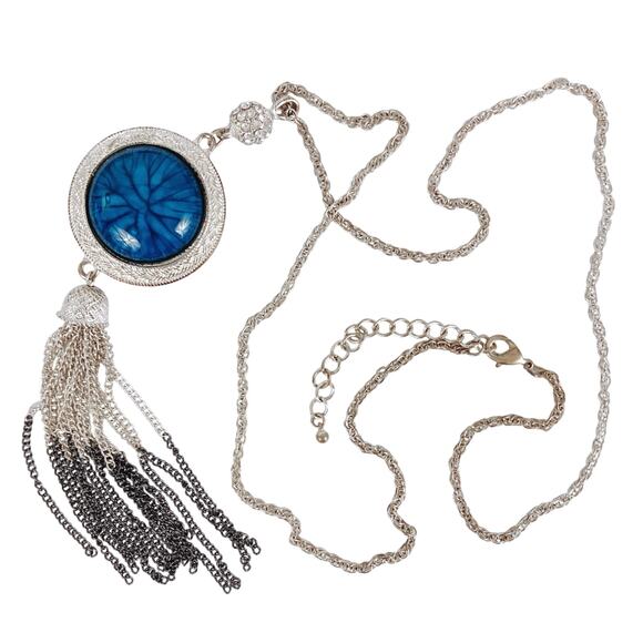 VTG Silver Tone Tassel Necklace Blue Cabochon Rhinestone Long Pendant Bold Retro - Picture 4 of 13